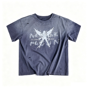 T-shirt Boxy da Uomo Grigio Sbiadito Effetto Acido con Grafica Angelo in Strass Termoadesivi, Dettagli Strappati, Oversize, Stile Hip Hop Streetwear - Product Image 5