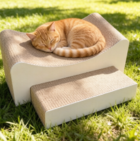 Griffoir pour chat en carton ondulé écologique de luxe, beige, jaune, blanc, à carreaux, avec transat incurvé