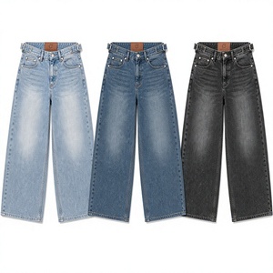 Jeans vintage bleu clair à jambes larges, coupe décontractée, 100% coton denim, pantalon streetwear - Product Image 1