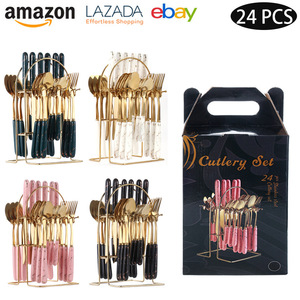 Nordic 24Pcs Stainless Steel Flatware <b>Set</b>, Elegant Marble Steak <b>Knife</b> Fork, Luxury Dessert Spoons with Gift Box - Product Image 1