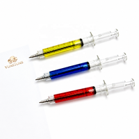 Stylo bille sur le thème médical, forme seringue, corps en plastique transparent, options de couleurs, écriture fluide, approvisionnement en gros pour cadeaux promotionnels