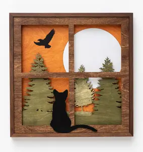 新款黑猫在窗口3D木阴影盒手工场景