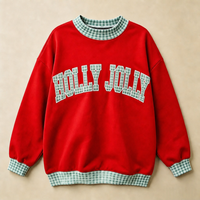 Sweat-shirt de Noël personnalisé pour enfants avec logo, pull à col rond pour filles, manches longues, bordure à carreaux, haut festif HOLLY JOLLY