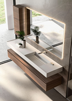 Meuble-lavabo mural de salle de bain en céramique écologique résistant à l'eau, finition placage bois de noyer naturel, design moderne et contemporain