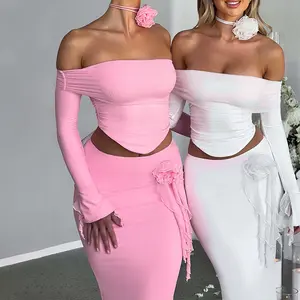 Enyami Boutique Nouveautés Sexy Femmes Rose Design Haut Sans Bretelles Femmes Jupes Moulantes Sheer Ladies Coords 2 PC Sets