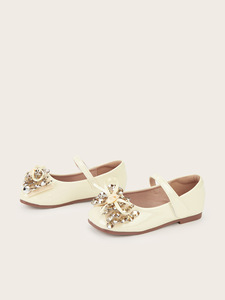 Scarpe da Principessa per Bambine con Punta Quadrata, in Pelle Lucida, Suola Morbida, Fiore in Cristallo e Strass, Fiocco - Product Image 6