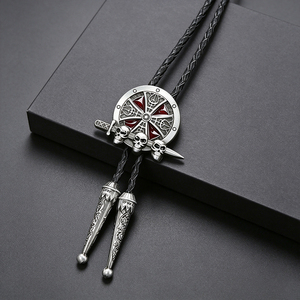 Cravate Bolo Western avec pendentif bouclier et épée, incrustation rouge, embellissement crâne, cordon en cuir tressé, pour usage quotidien décontracté - Product Image 2