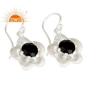 New Flower Design 925 Sterling Fine Silver Hook <b>Earrings</b> Jewelry Manufacturer Black <b>Onyx</b> Gemstone Prong Set <b>Earrings</b> - Product Image 2