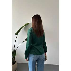 Blusa de Satén con Detalle de Botones Esmeralda, Estilo Vintage a Cuadros, Sólida, Formal para Uso Diario, Primavera, Verano, Otoño, Talla XL, con Encaje para Oficina - Product Image 1