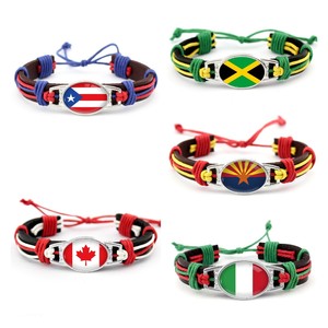 287 Countries Country Flag National Day Holiday Promotional Gifts Glass Cabochon Charm Adjustable Genuine <strong>Leather</strong> Cuff <strong>Bracelet</strong> - Product Image 1