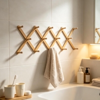 Porte-manteau mural moderne en bambou, extensible, réglable et pliable, avec 14 crochets, pour salle de bain, chambre et maison