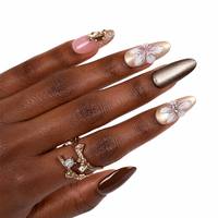 Faux Ongles à Presser de Luxe 3D Floraux en Gros Personnalisés Amande Or Champagne Pierres Précieuses Métalliques Acryliques