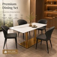 Tables et chaises de restaurant, ensemble de salle à manger avec plateau en pierre frittée, base en colonne dorée et sièges rembourrés pour bistrot et café