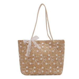 Yeni moda kadınlar saman dokuma şık omuz kanvas çanta bağbozumu büyük kapasiteli bahar ve yaz dantel çiçek saksısı tote çanta - Product Image 1