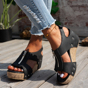 Women Summer Platform Thick Sole Front Zipper European American Style <b>Sandals</b> With Rivets Wedge Heel Large <b>Sandals</b> - Product Image 2