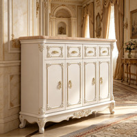 Buffet de luxe européen avec plateau en marbre, sculpté à la main, en bois massif, garniture dorée, meuble de rangement, armoire à chaussures pour couloir, vente en gros