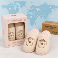 Pantoufles en peluche brodées avec un chien mignon de dessin animé, pantoufles d'hiver pour femmes, chaudes et moelleuses, à bout ouvert, pour la maison