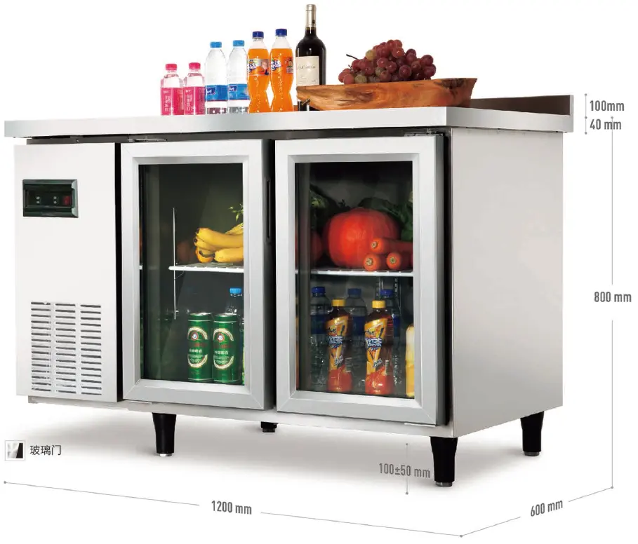 レストラン冷蔵庫テーブル202Lディスプレイ冷蔵庫ガラスドア冷凍庫冷蔵庫コマーシャルカウンター冷蔵庫の下