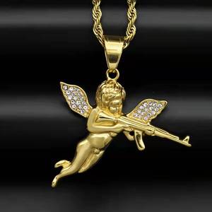 Bijoux pour hommes Hiphops, pendentif Cupid's Revenge Angel, chaîne en or 18 carats, chaîne en acier inoxydable 316L, <span class=keywords><strong>ange</strong></span> 3D avec pistolet, collier - Product Image 5