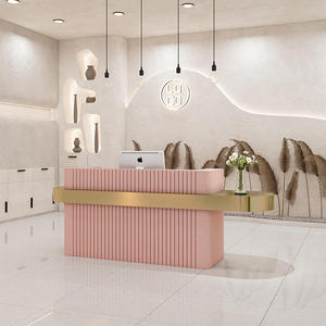 Modern Luxury pink Beauty Salon Spa Wooden <strong>Reception</strong> <strong>Desk</strong> Gold Stainless Steel Frame <strong>Front</strong> <strong>Desk</strong> <strong>Reception</strong> Counter - Product Image 1