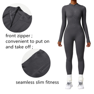 Wholesale Sports Jumpsuits Long Sleeve Zipper Elastic Yoga Ribbed Overalls Women Activewear Workout <strong>Clothes</strong> Dancing Jumpsuit - Product Image 2