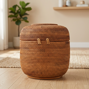 Panier de rangement en rotin naturel tressé, forme ronde, écologique, rustique, multi-usages, pour l'organisation et le rangement - Product Image 4