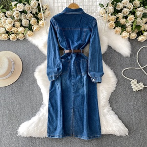 Stile retrò monopetto con risvolto a maniche lunghe Denim abito da donna nuova cintura in vita Cinching gonna lunga dimagrante - Product Image 4
