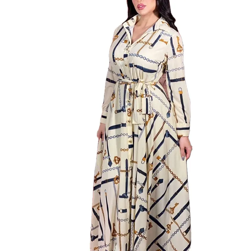 민족 의류 긴 가운 인쇄 셔츠 드레스 이슬람 Abaya 두바이 터키 아랍어 오만 옷깃 싱글 브레스트 Abaya 드레스