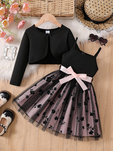 Trẻ Em Bé Gái 2 Bộ Trang Phục Dài Tay Crop Cardigan Spaghetti Dây Hoa Voan Bộ Nơ Eo Trẻ Em Đầm Dự Tiệc - Product Image 4