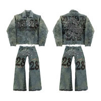 Ensemble veste et jean vintage pour homme, design patchwork brodé, tenue streetwear rétro, personnalisable, directement de l'usine