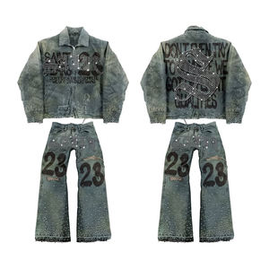 Set Giacca e <span class=keywords><strong>Jeans</strong></span> Vintage da <span class=keywords><strong>Uomo</strong></span>, Design con Ricami e Patchwork, Outfit Streetwear Retrò, Personalizzabile, Direttamente dalla Fabbrica - Product Image 4