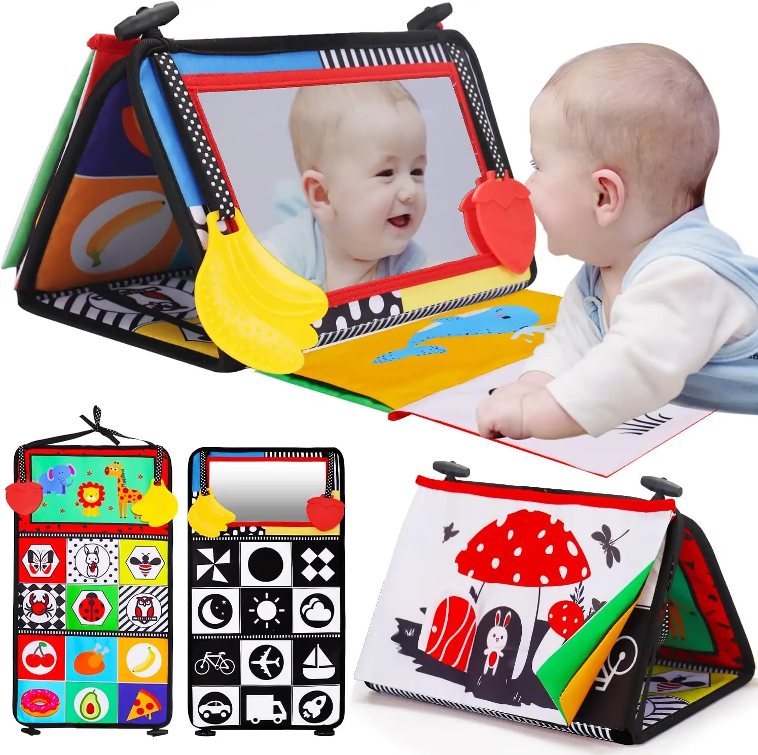 Tummy Time bébé miroir jouets pour bébés développement du cerveau avec livre en tissu froissé noir et blanc jouet sensoriel à contraste élevé