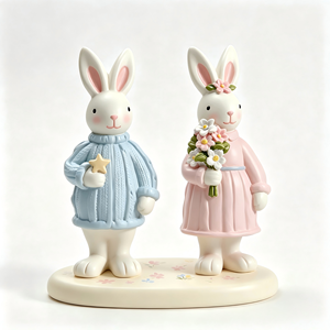 Statuetta di Coppia di Conigli BZY, Decorazione Pasquale Artigianale in Resina, Colori Pastello, Regalo per Soggiorno, Produzione OEM Personalizzata - Product Image 1