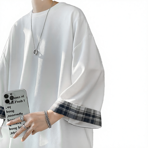 เสื้อยืดโอเวอร์ไซส์ลายสก็อตสำหรับฤดูใบไม้ผลิและฤดูร้อน ทรงหลวม ใส่ได้ทั้งผู้ชายและผู้หญิง แขนยาว สีขาว แห้งเร็ว - Product Image 3