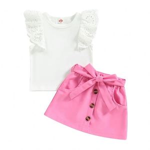 Set di Abbigliamento Estivo 2024HO per Bambine 1-5 Anni, Top con Maniche in Pizzo e Gonna Tinta Unita con Cintura - Product Image 3