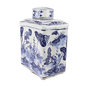 RZKJ02-B Jingdezhen vaso quadrato decorativo in porcellana con motivo a pesce e erba blu e bianco fatto a mano