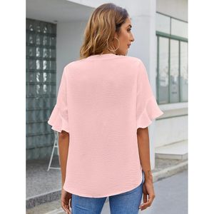 Blusa de gasa para mujer con mangas con volantes, cuello en V, transpirable, informal, para verano - Product Image 2