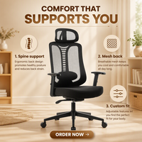 Chaise de bureau ergonomique à dossier haut en maille, prête à être expédiée, avec support lombaire réglable, appui-tête et fonction inclinable pivotante pour ordinateur