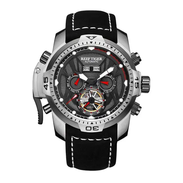 Reef Tiger RGA3532 2024 cuero Calendario automático Fecha Día Complicado Dial negro Pulsera mecánica Tigre arrecife Reloj