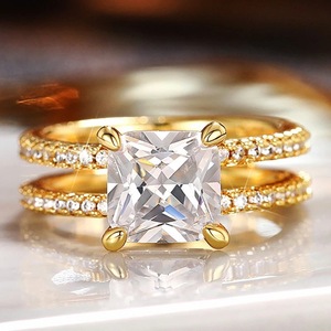 Anello a doppio strato con corona per donna, taglio quadrato, stile principessa, scintillante, con quattro punte, idea regalo. - Product Image 2