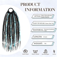 Extension de queue de cheval tressée Viking, dreadlocks synthétiques avec élastique, noir avec accents bleu clair et beige