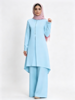 Ensemble deux pièces bleu pêche, pantalon large, manches bouffantes, dentelle, robe unie à manches longues pour femme, patchwork, col rond, décontracté, été