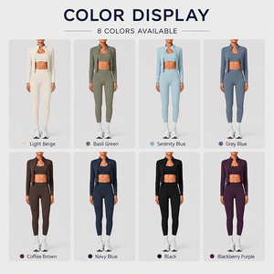 Women Gym Set 3 Piece Breathable High Waist Leggings Padded Sports Bra Long Sleeve <b>Zip</b> Jacket Workout Outfit - Product Image 4
