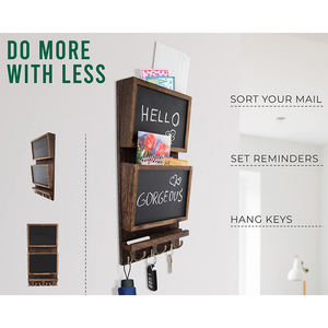 Organisateur de trieur de courrier rustique à 2 fentes 3 crochets à double clé support mural <span class=keywords><strong>en</strong></span> bois support de courrier <span class=keywords><strong>tableau</strong></span> noir Surface entrée bac de rangement - Product Image 4