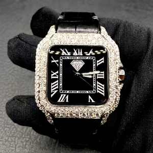 <b>Square</b> Dial Analog Quartz Iced <b>Watch</b> Moissanite Diamond Inlay Stainless Steel Case Rubber Glass Crystal Bracelet Lightweight - Product Image 3