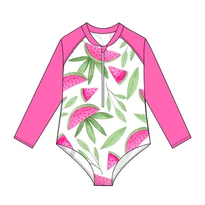 Biquíni de manga comprida com zíper para meninas, roupa de banho para o verão, novo com estampa personalizada por atacado