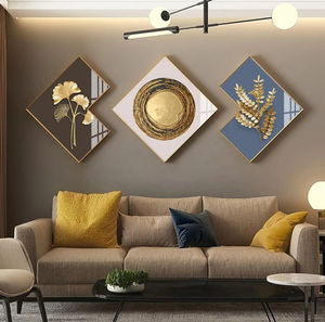 Ensemble de <span class=keywords><strong>triptyque</strong></span> forme spéciale cadre doré décoration murale de luxe <span class=keywords><strong>peinture</strong></span> porcelaine cristal verre trempé mode art mural pour hôtel - Product Image 2