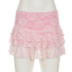 OEM Custom Summer Sweet Pink Stretch <strong>Pleated</strong> Low Waist Skorts Slim Fit Layered Floral Lace Mini <strong>Skirts</strong> with Inner <strong>Shorts</strong> - Product Image 1