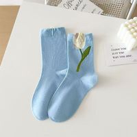 Chaussettes fines sans couture WUYANG FACTORY, nouvelle collection printemps-été, motif tulipes, mi-mollet, pur coton, toutes saisons, douces et tendance.