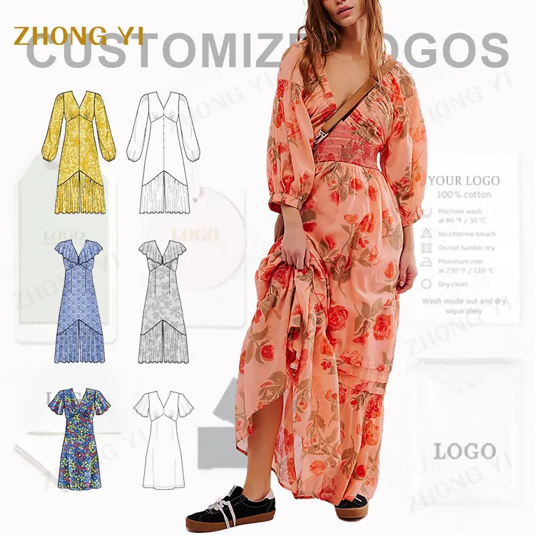 Ladies Vintage Floral Long Sleeve Dress V-neck Loose Elegant Ladies Casual Graphic Print Maxi Long Pleated Dress For Women